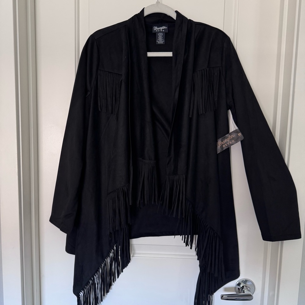 Wrangler Black Fringe faux suede NWT women’s jacket Poncho western festival